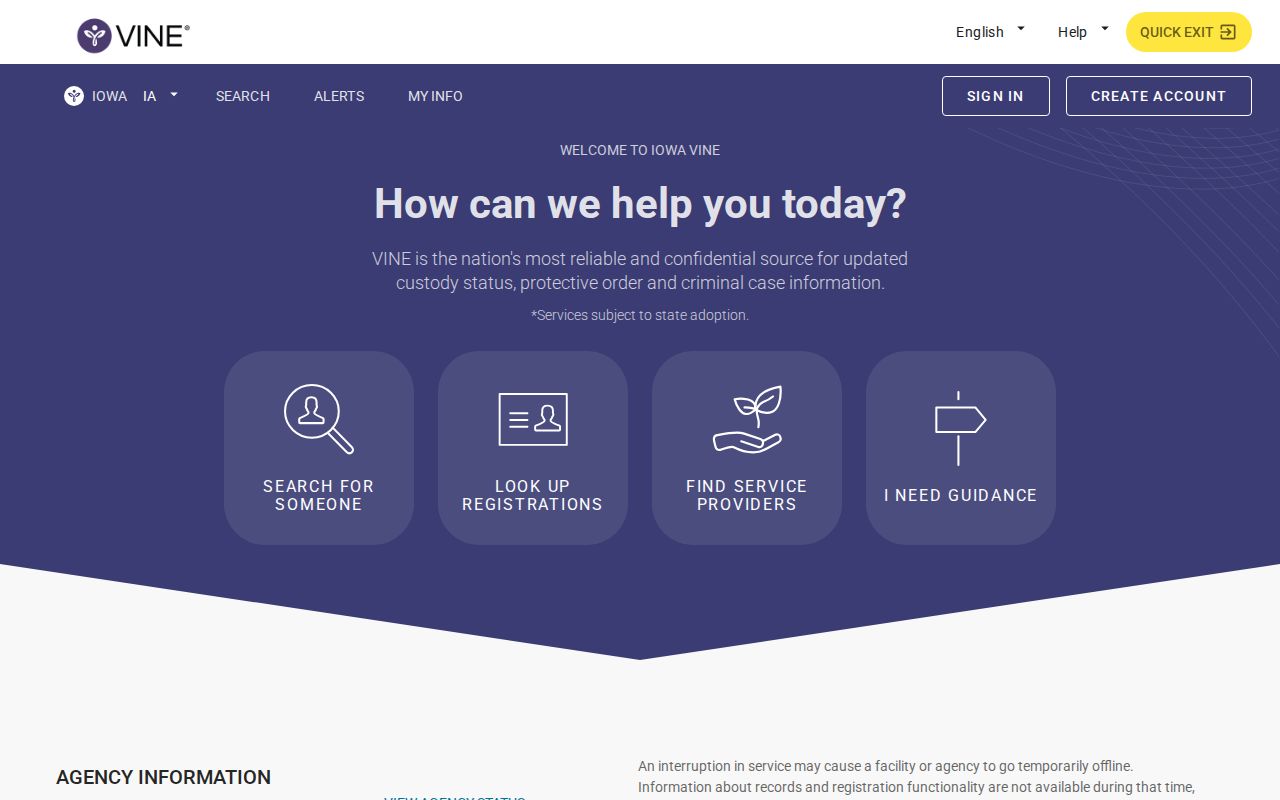 Iowa VINE Mahaska County custody search interface