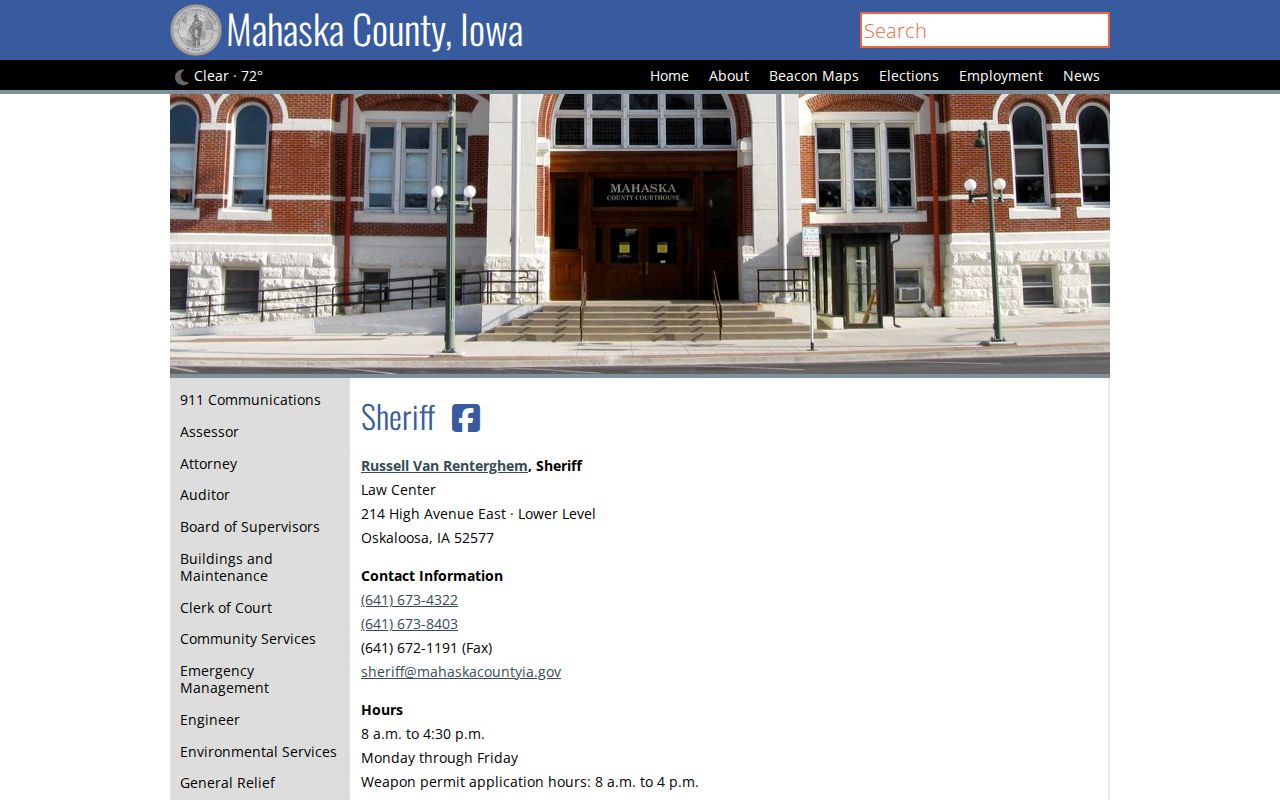 Mahaska County Sheriff official booking record contact page