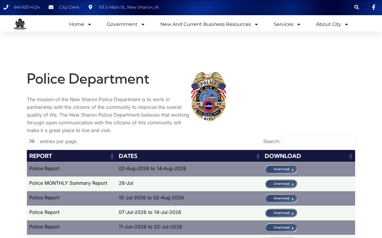 New Sharon police report index for Mahaska County arrest records